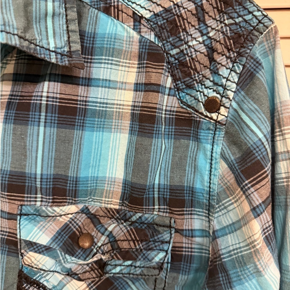 Buckle Black Brand Teal Blue Plaid Men's Shirt Sz L slim
Fit snap buttons - Picture 10 of 12